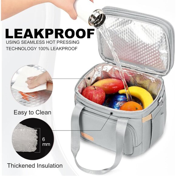 Double Deck Insulated Lunch Box for Men & Women, Leakproof Tote Cooler (Grey) - Picture 2 of 7